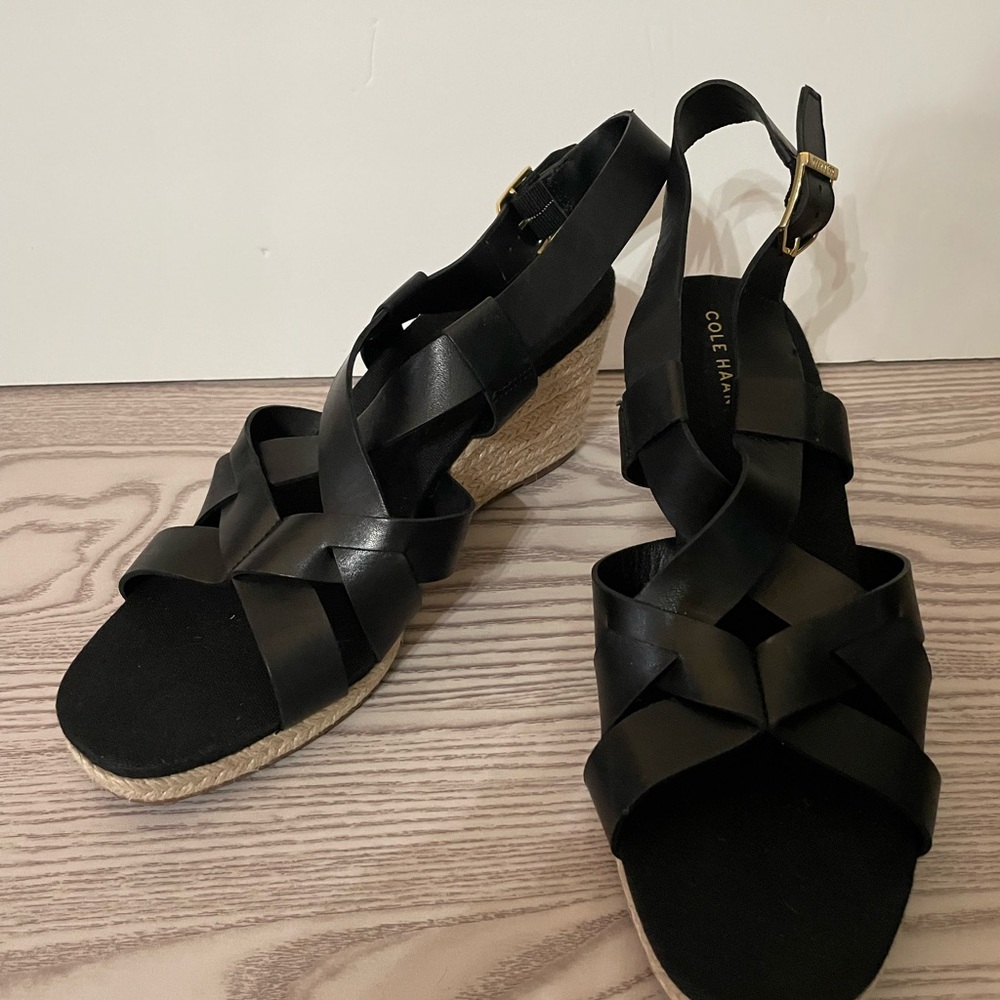 Cole Hahn Crystal Ridge Wedge Espadrille Sandals Black Women’s Size 7.5
